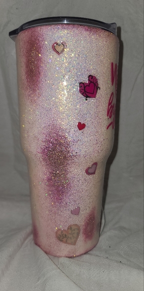 Pink & White Geod Style Walk By Faith Glitter Tumbler With Hearts. - Picture 3 of 5